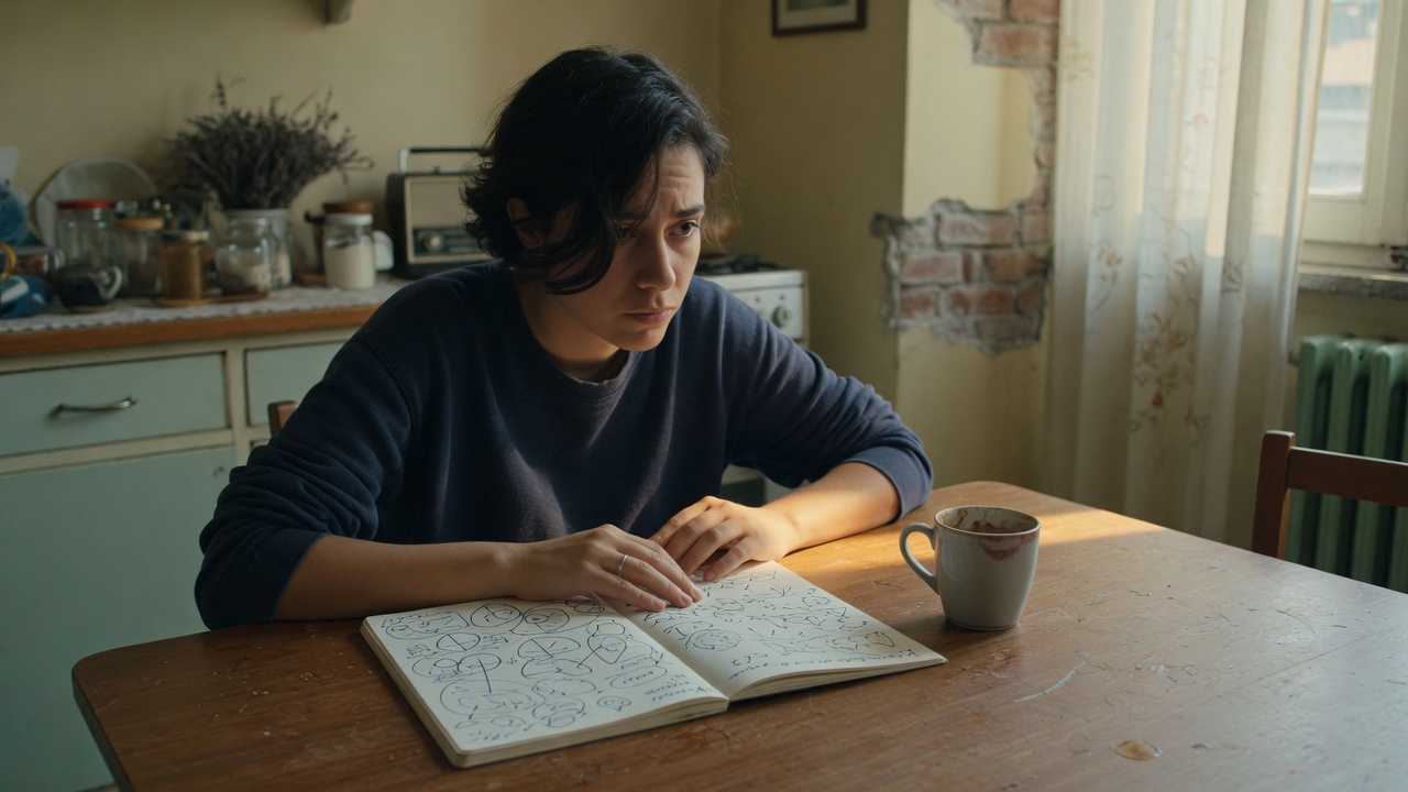 Persona seduta al tavolo di cucina con un quaderno di appunti, alla luce del pomeriggio.