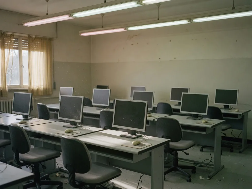 Aula d'esame vuota con banchi e monitor
