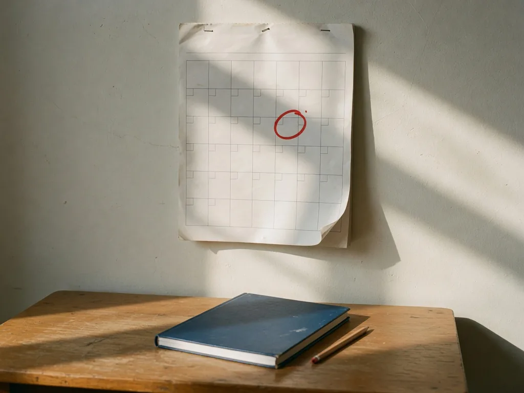 Calendario di carta appeso al muro con un giorno cerchiato in rosso, sopra una scrivania con un quaderno e una matita.