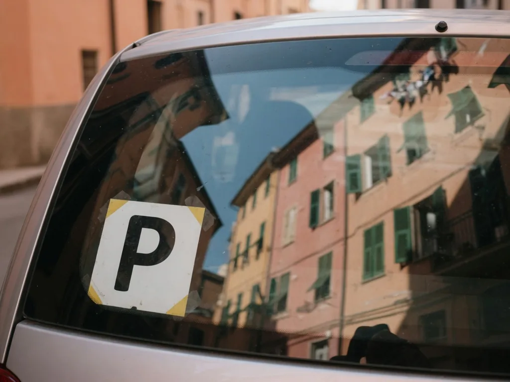 Lunotto posteriore di un'auto con il contrassegno bianco con la lettera P nera