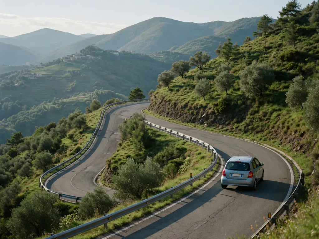 Strada di montagna con tornanti tra colline verdi, con un'auto che sale sulla corsia di destra.