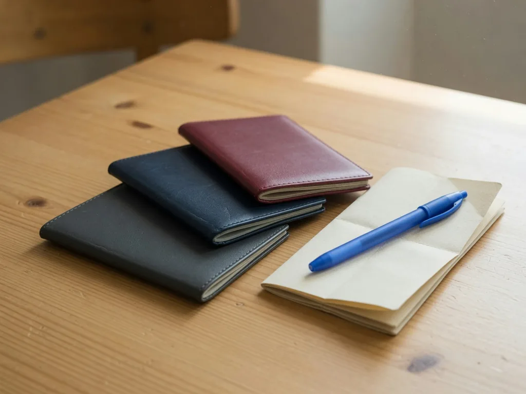 Tre libretti simili a passaporti su un tavolo chiaro, accanto a un blocco note e una penna.